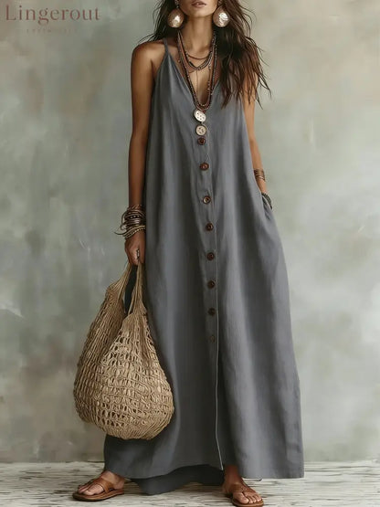 🌿 Boho Linen Maxi Dress: Effortless Summer Style - Gray / S