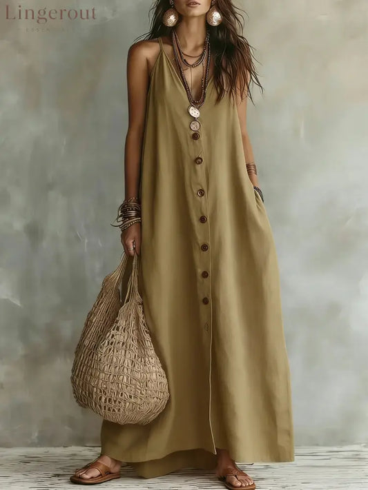 🌿 Boho Linen Maxi Dress: Effortless Summer Style - Khaki / S