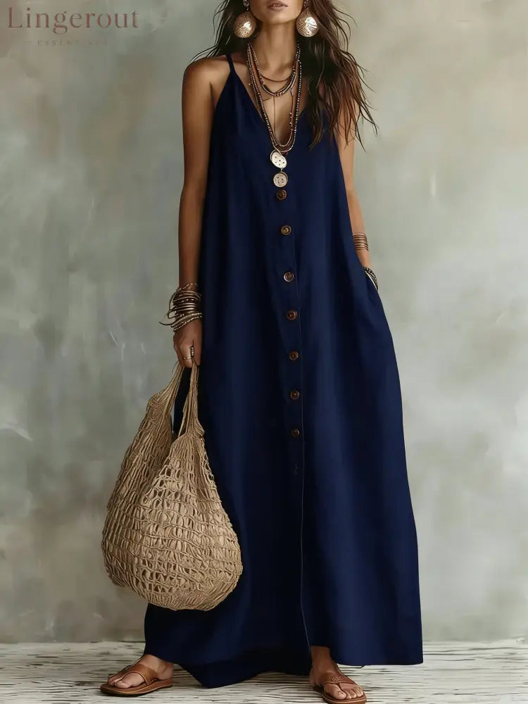 🌿 Boho Linen Maxi Dress: Effortless Summer Style - Navy / S
