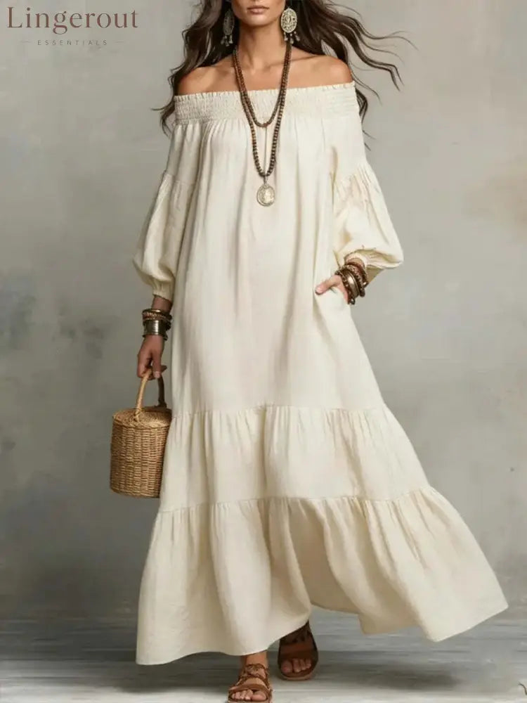 Boho Off-Shoulder Flowy Maxi Dress