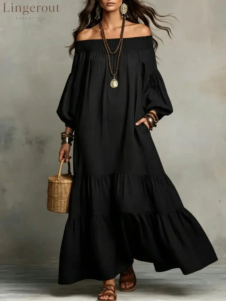 Boho Off-Shoulder Flowy Maxi Dress - Black / S