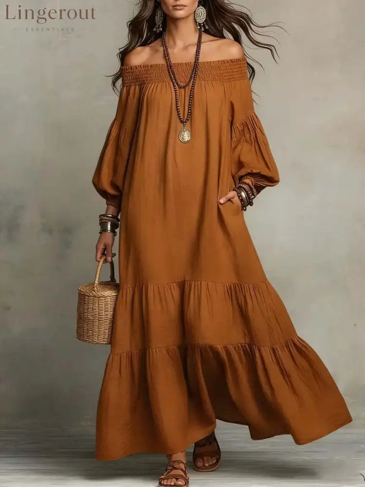 Boho Off-Shoulder Flowy Maxi Dress - Caramel / S