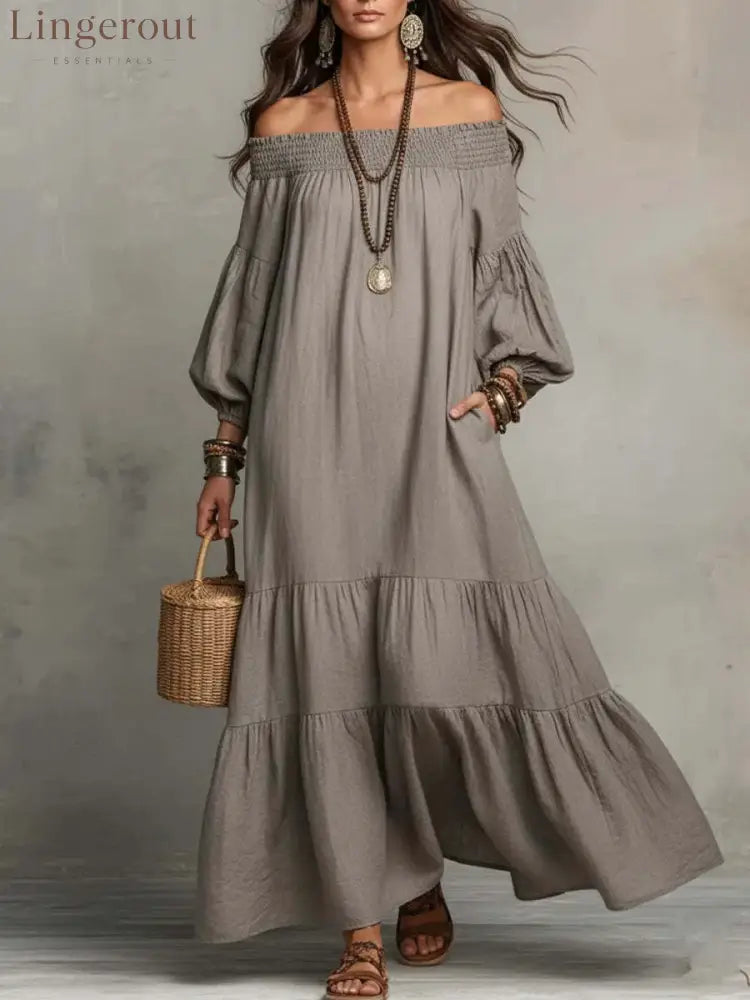 Boho Off-Shoulder Flowy Maxi Dress - Grey / S