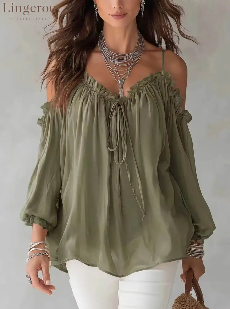 Boho Off Shoulder Ruffle Blouse - Army green / S