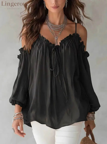 Boho Off Shoulder Ruffle Blouse - Black / S