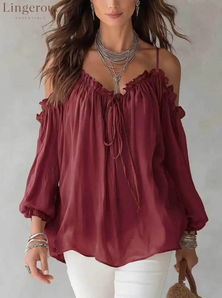 Boho Off Shoulder Ruffle Blouse - Claret / S