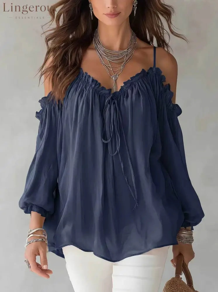 Boho Off Shoulder Ruffle Blouse - Navy blue / S