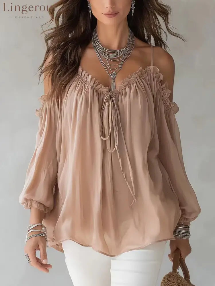 Boho Off Shoulder Ruffle Blouse - Nude / S