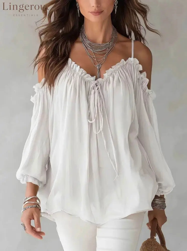 Boho Off Shoulder Ruffle Blouse - White / S