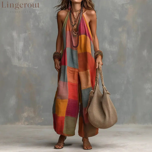 Boho Patchwork Halter Wide-Leg Jumpsuit - Red / S