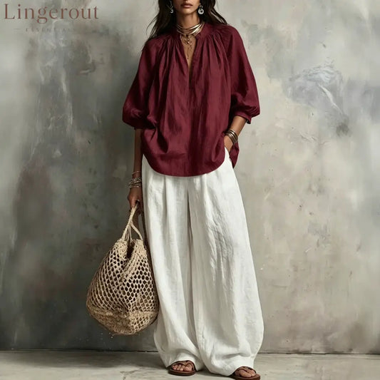 Boho Pleated Blouse & Wide‑Leg Pant Two‑Piece Set