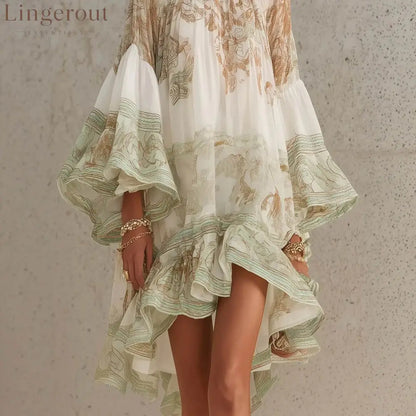 Boho Printed Ruffled Flare Sleeve Stretchy Polyester Womens Mini Dress