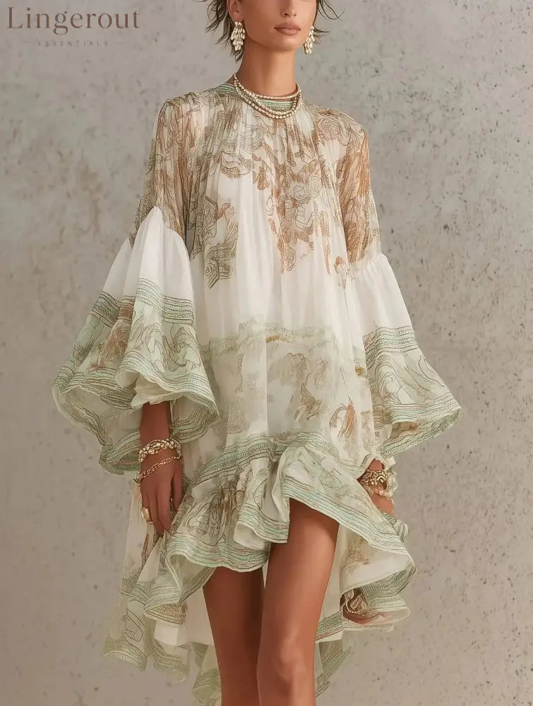 Boho Printed Ruffled Flare Sleeve Stretchy Polyester Womens Mini Dress