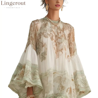 Boho Printed Ruffled Flare Sleeve Stretchy Polyester Womens Mini Dress