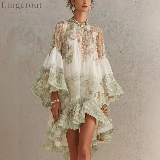 Boho Printed Ruffled Flare Sleeve Stretchy Polyester Womens Mini Dress - Milky White / S