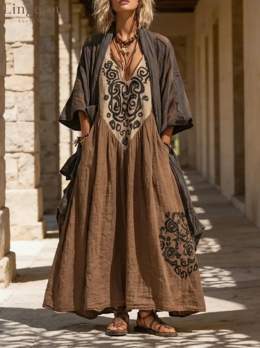 Boho Retro Loose Linen Cotton Two-piece Set - Khaki / XS