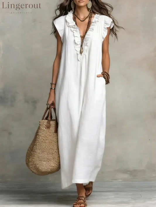 Boho Ruffled V-neck Linen Maxi Dress - White / S