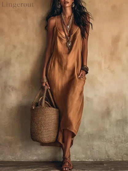Boho Satin Cowl Neck Spaghetti Strap Midi Slip Dress with Side Pockets - Bronze / XS