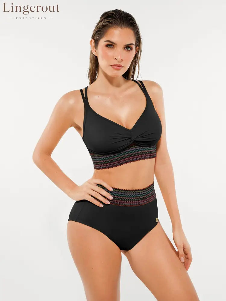 Boho Trim High Waist Tummy Control Bikini Set - Black / XS