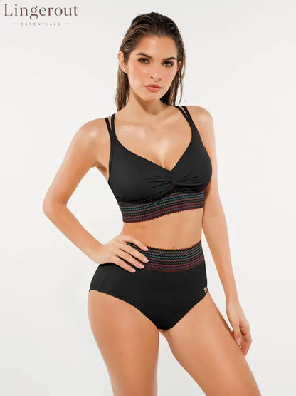 Boho Trim High Waist Tummy Control Bikini Set - Black / XS