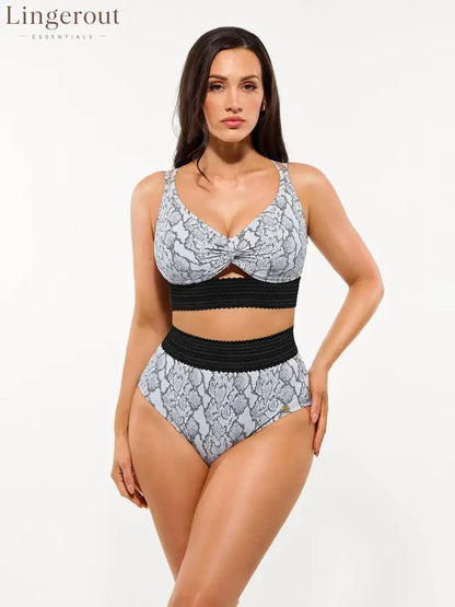 Boho Trim High Waist Tummy Control Bikini Set - Snake Print / XS