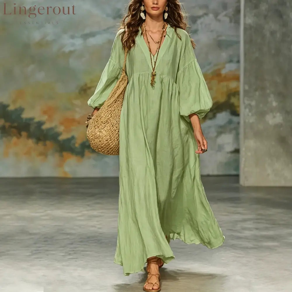 Boho V‑Neck Balloon Sleeve Linen‑Blend Maxi Dress