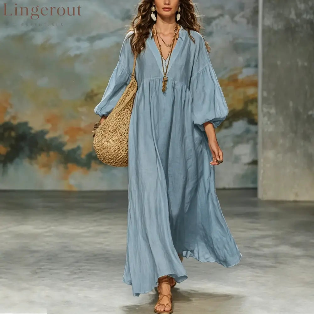 Boho V‑Neck Balloon Sleeve Linen‑Blend Maxi Dress
