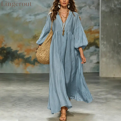 Boho V‑Neck Balloon Sleeve Linen‑Blend Maxi Dress