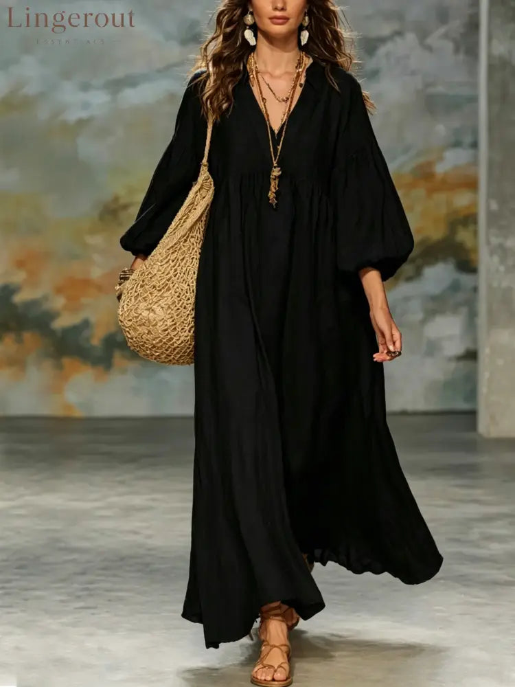 Boho V‑Neck Balloon Sleeve Linen‑Blend Maxi Dress - black / S