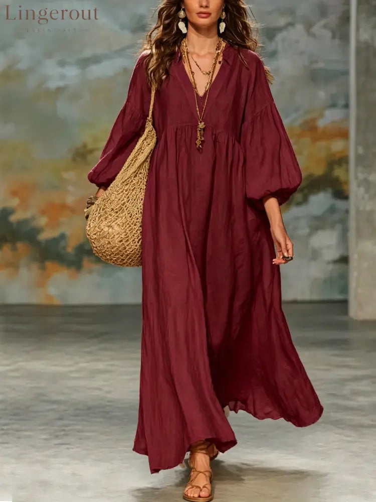 Boho V‑Neck Balloon Sleeve Linen‑Blend Maxi Dress - burgundy / S
