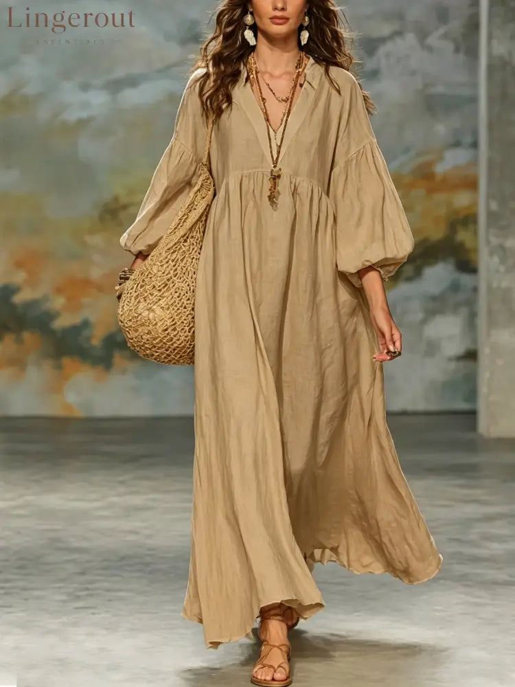 Boho V‑Neck Balloon Sleeve Linen‑Blend Maxi Dress - khaki / S