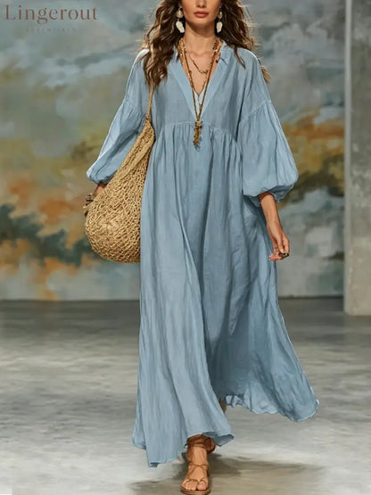 Boho V‑Neck Balloon Sleeve Linen‑Blend Maxi Dress - light blue / S