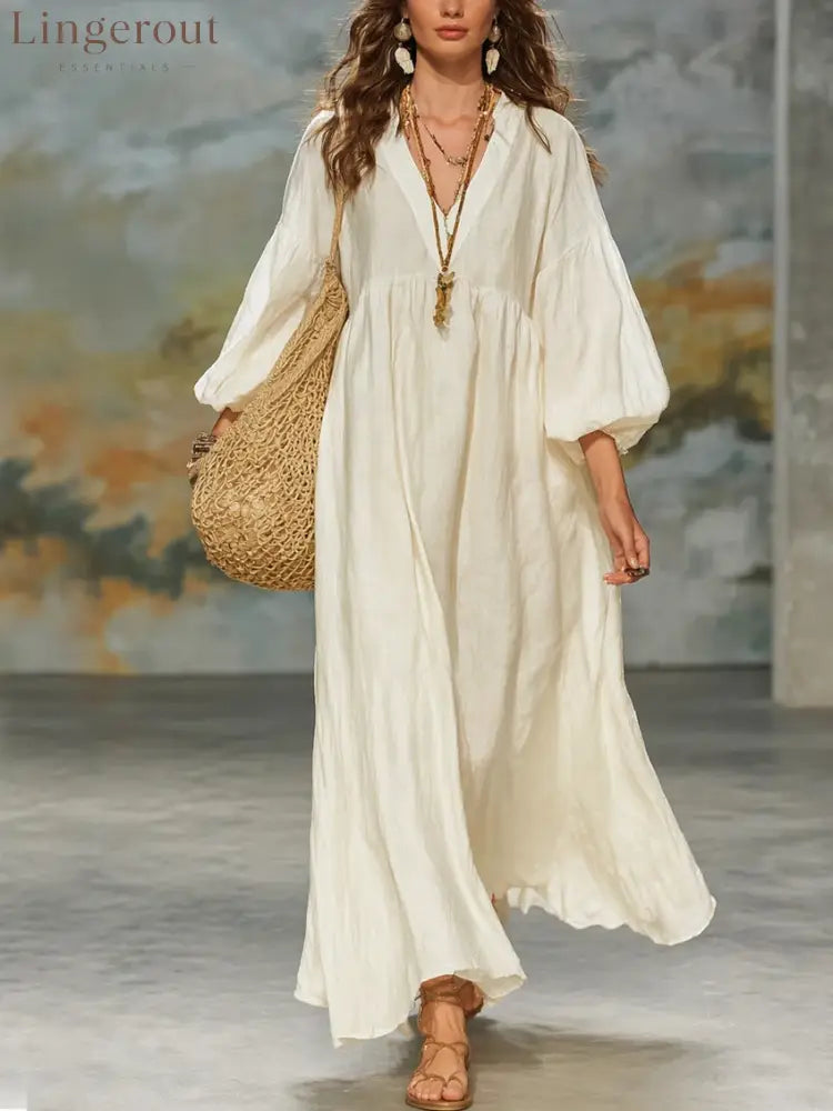 Boho V‑Neck Balloon Sleeve Linen‑Blend Maxi Dress - off‑white / S