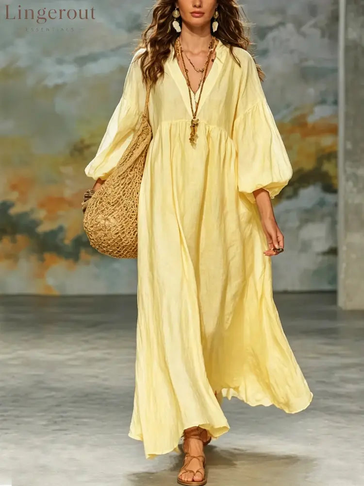 Boho V‑Neck Balloon Sleeve Linen‑Blend Maxi Dress - yellow / S