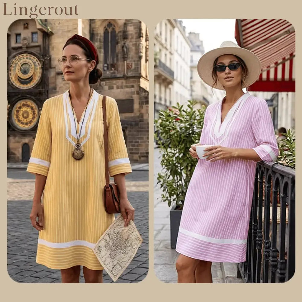 Boho V-Neck Short Sleeve Striped Dress - Pink / S - Dresses