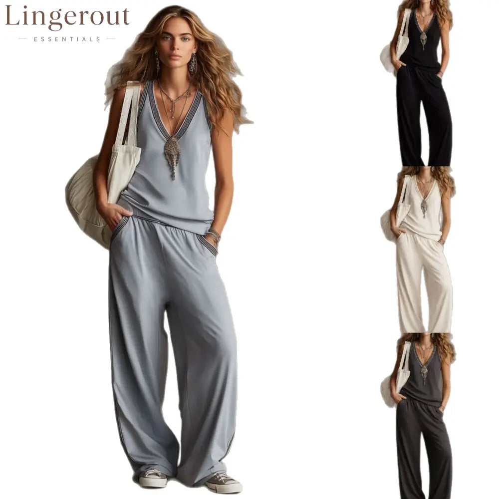 Boho V-Neck Sleeveless Two-Piece Loungewear Set