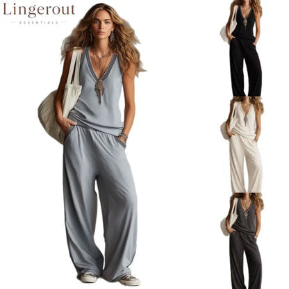 Boho V-Neck Sleeveless Two-Piece Loungewear Set