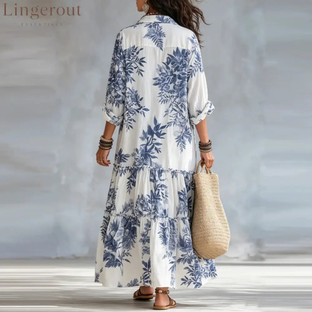 Botanical Floral Print Linen Tiered Shirt Maxi Dress