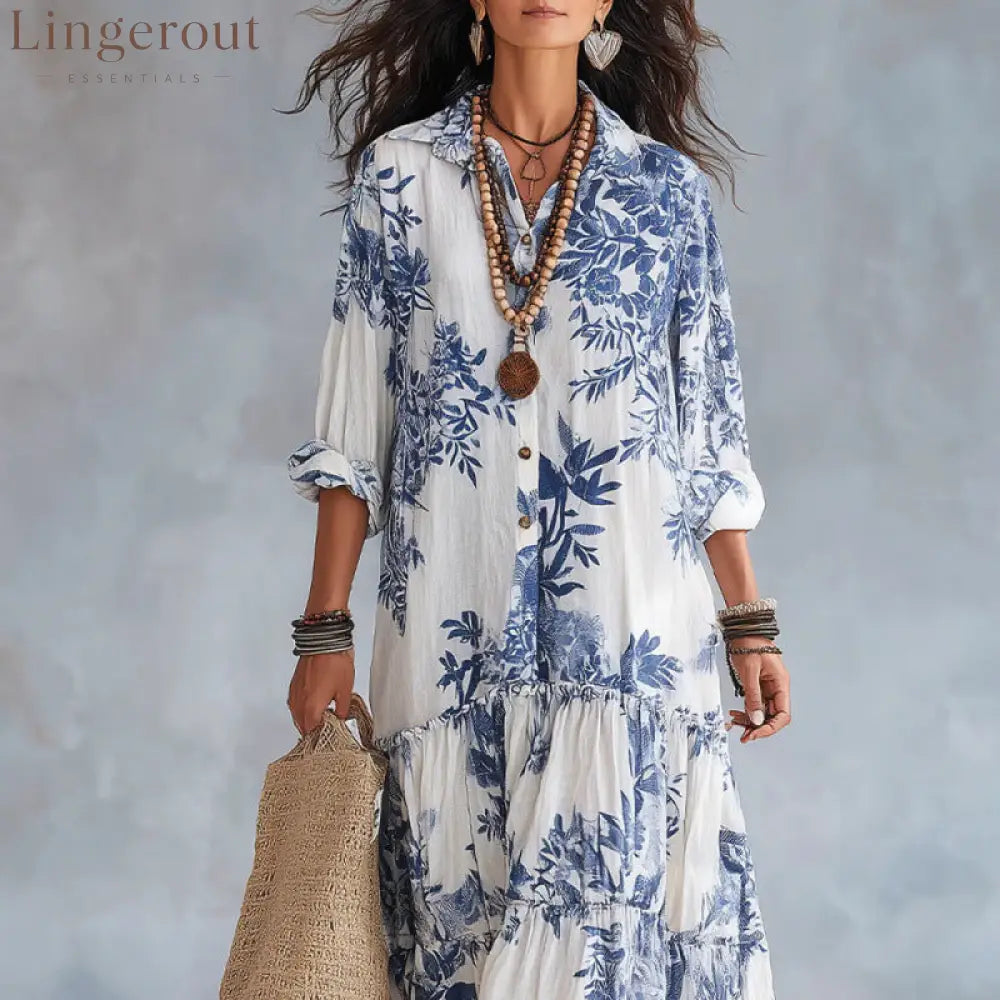 Botanical Floral Print Linen Tiered Shirt Maxi Dress