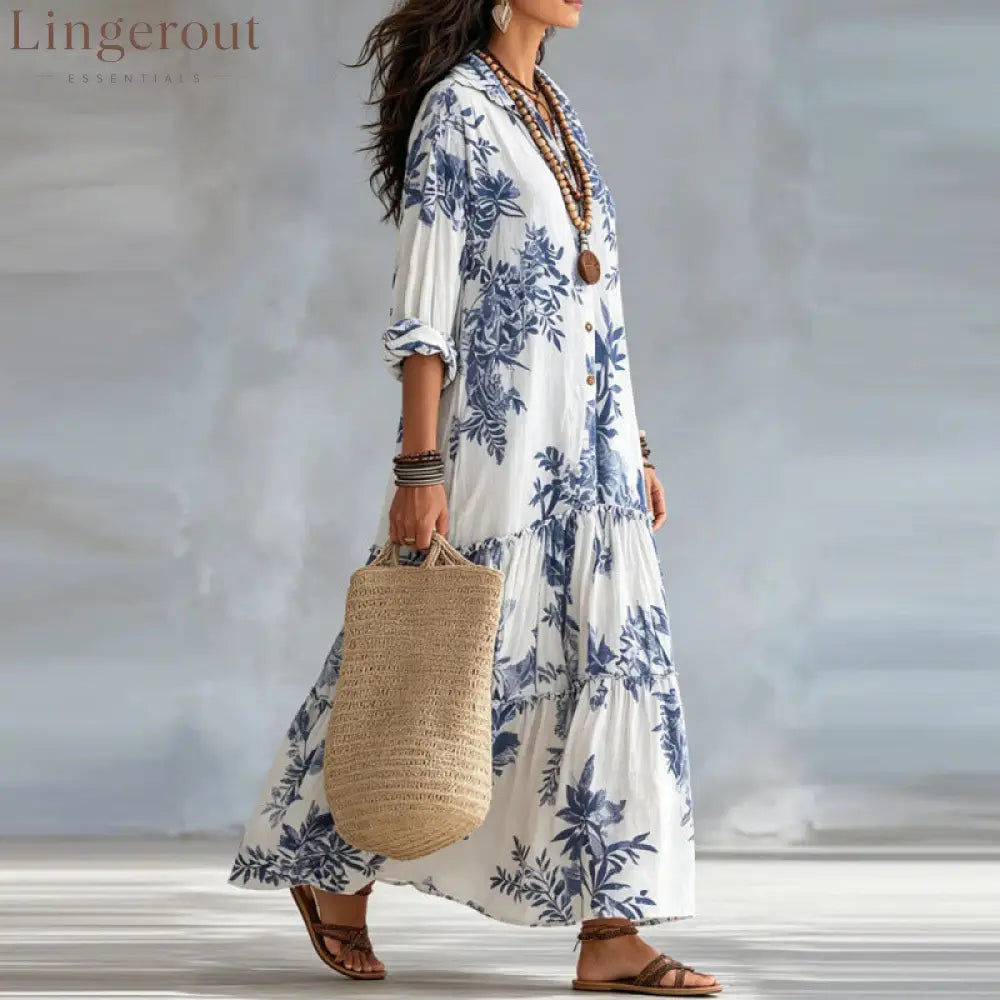 Botanical Floral Print Linen Tiered Shirt Maxi Dress