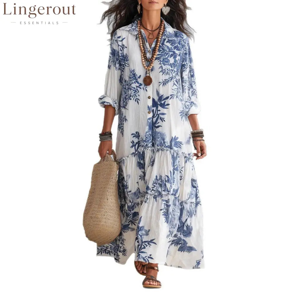 Botanical Floral Print Linen Tiered Shirt Maxi Dress