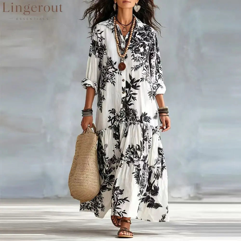 Botanical Floral Print Linen Tiered Shirt Maxi Dress - Black / S