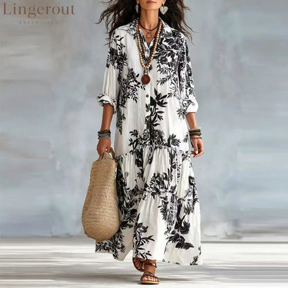 Botanical Floral Print Linen Tiered Shirt Maxi Dress - Black / S