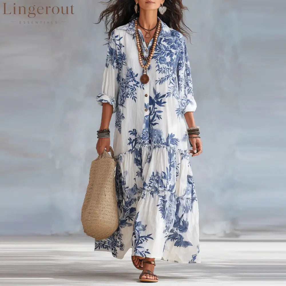 Botanical Floral Print Linen Tiered Shirt Maxi Dress - Blue / S