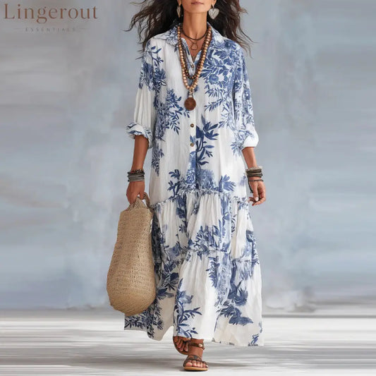 Botanical Floral Print Linen Tiered Shirt Maxi Dress - Blue / S