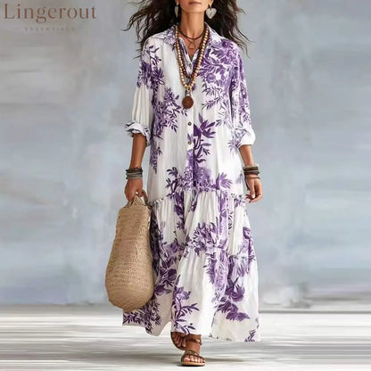 Botanical Floral Print Linen Tiered Shirt Maxi Dress - Purple / S