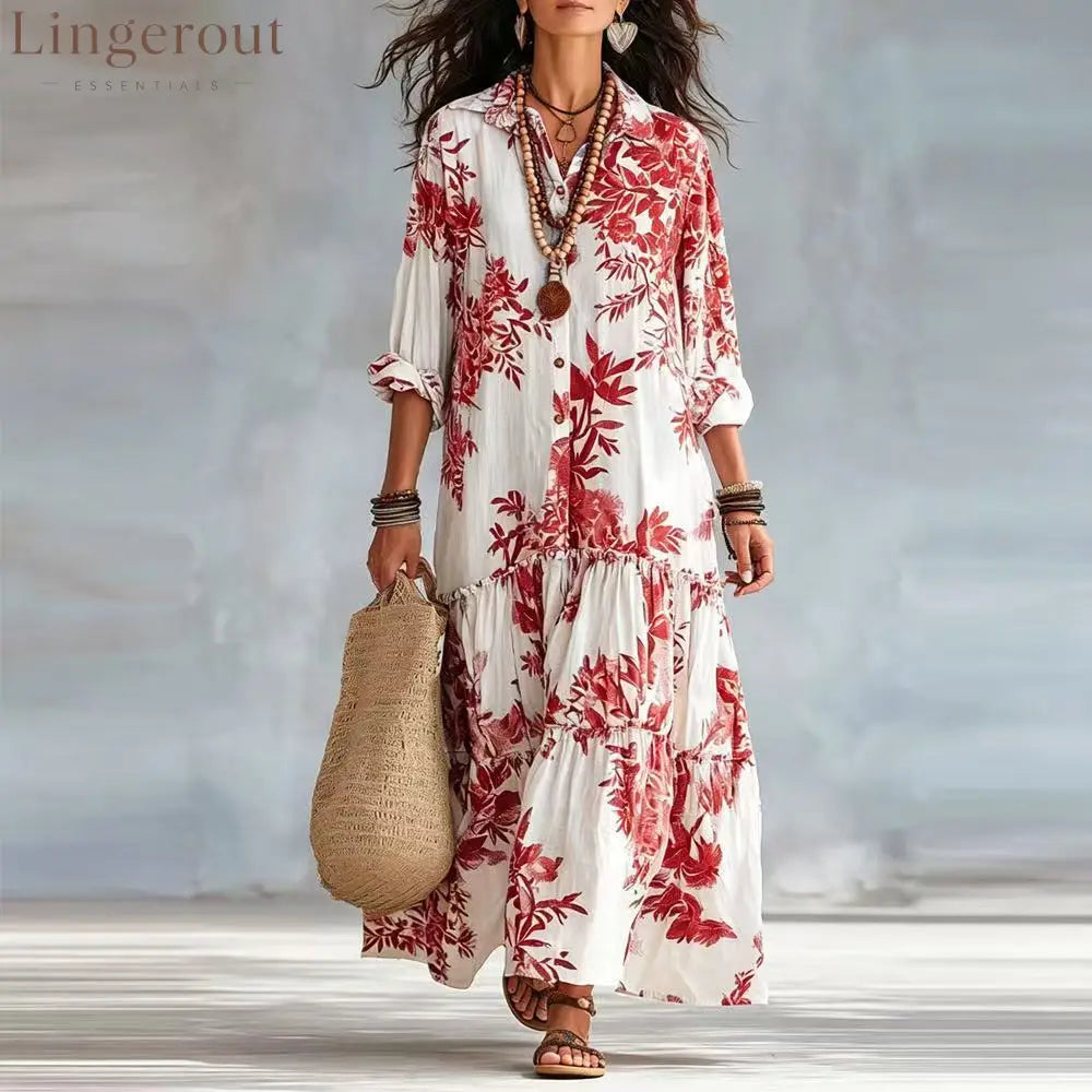 Botanical Floral Print Linen Tiered Shirt Maxi Dress - Red / S