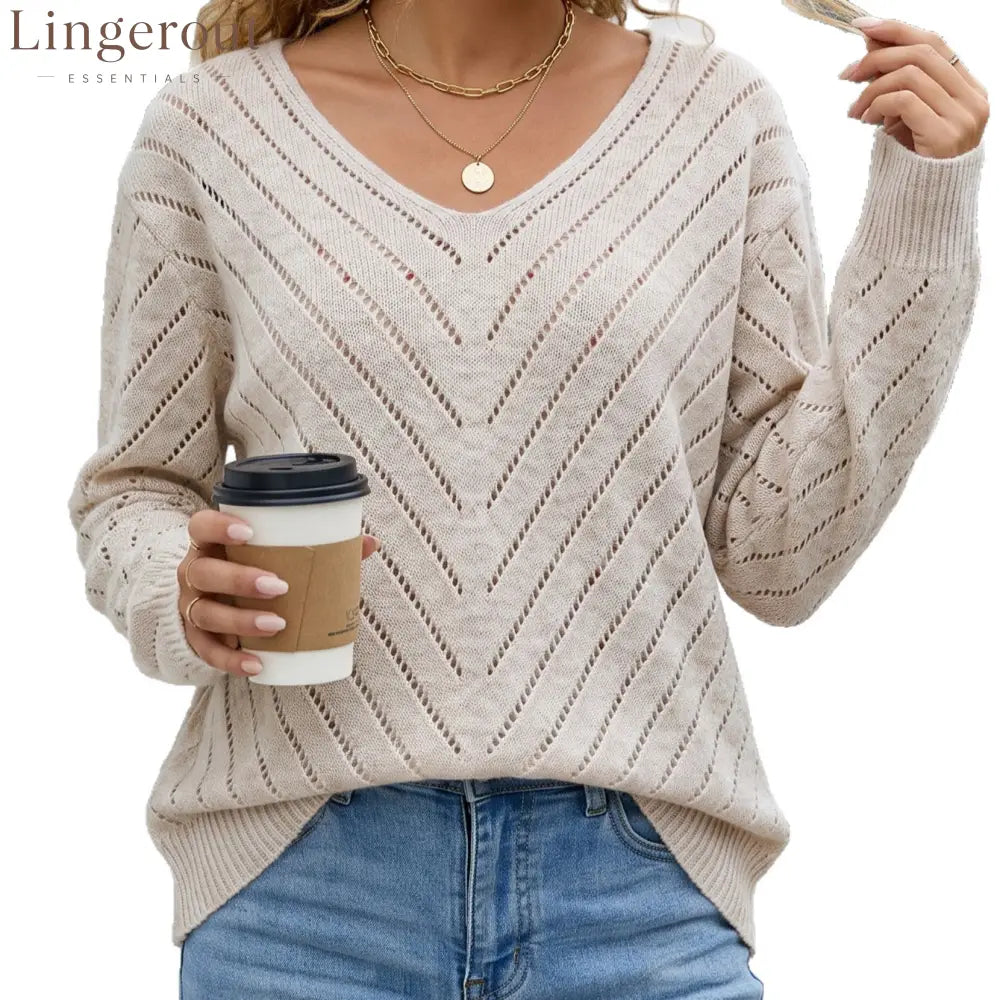 Breathable Hollow Knit V-Neck Sweater