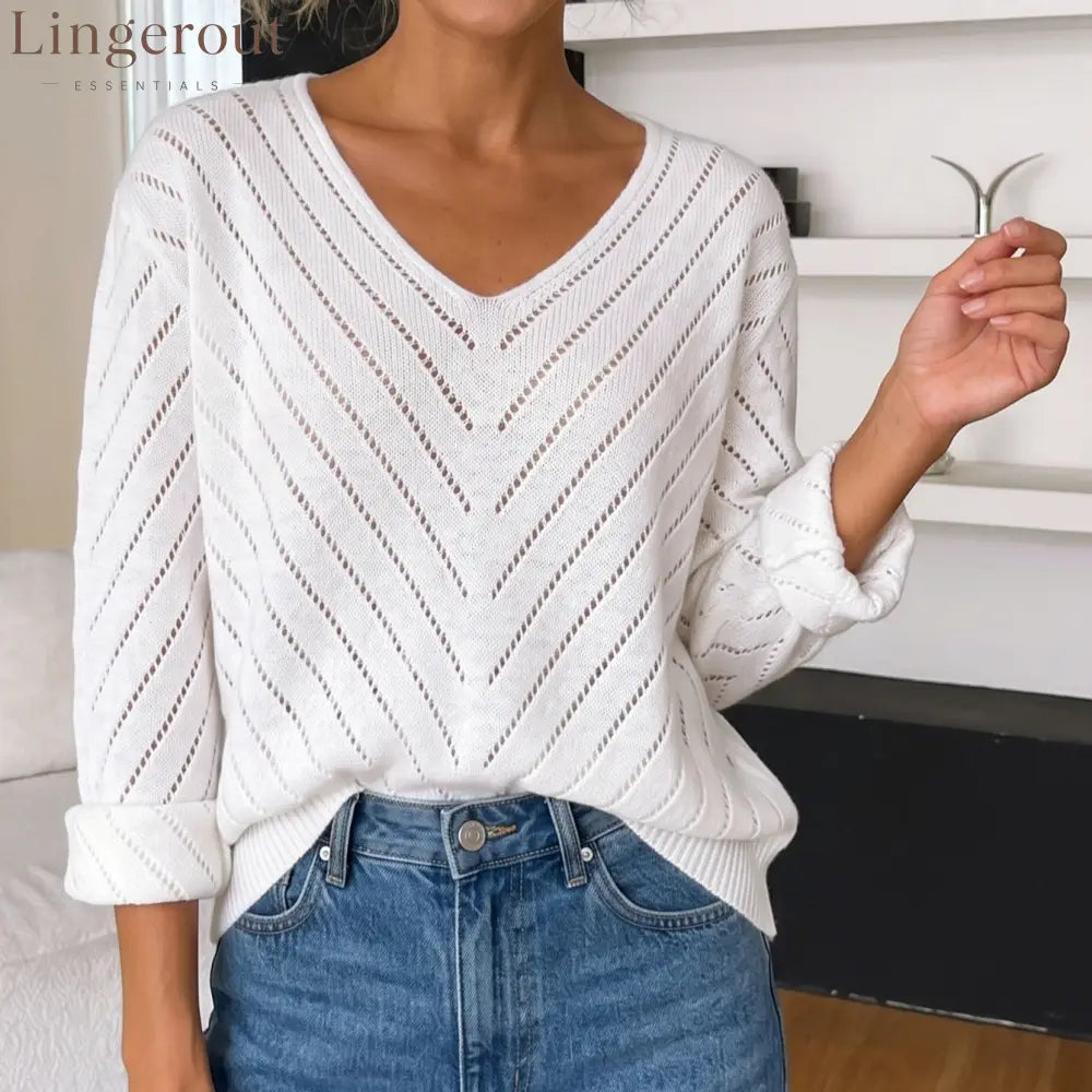 Breathable Hollow Knit V-Neck Sweater