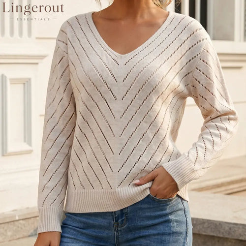 Breathable Hollow Knit V-Neck Sweater